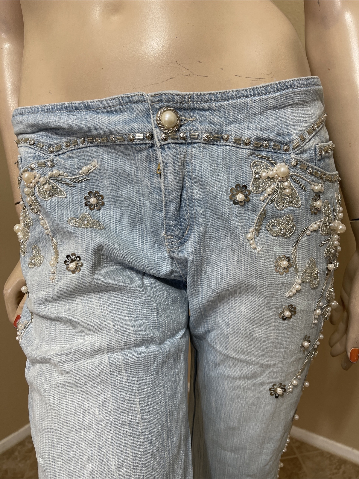 Women’s Light Blue Cotton Casual Beaded Pearls Glitter Zipper Size L Pants Capri