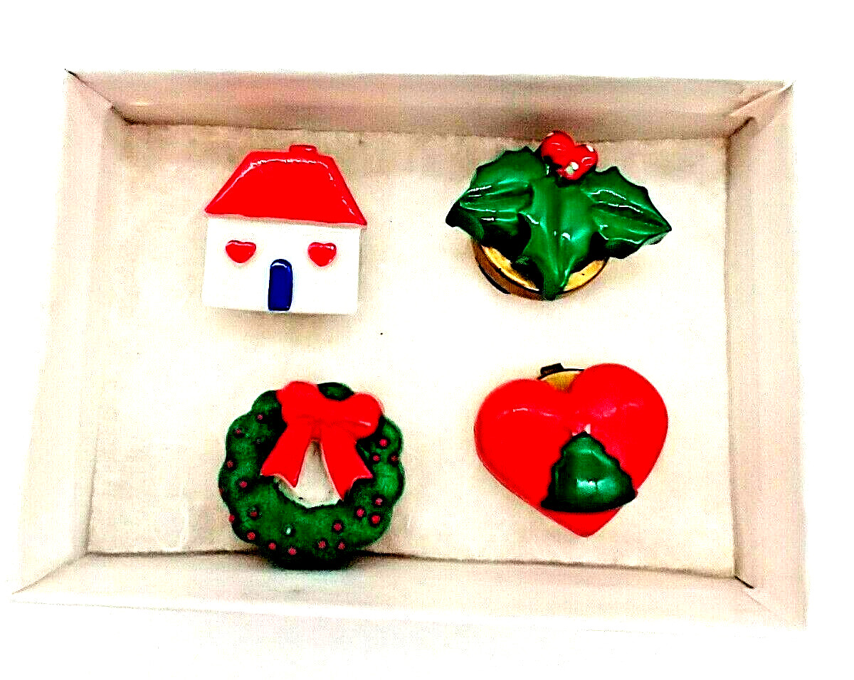 Set of 4 Button Covers Christmas Theme Metal Hinged Back Holidays Vintage 1980s