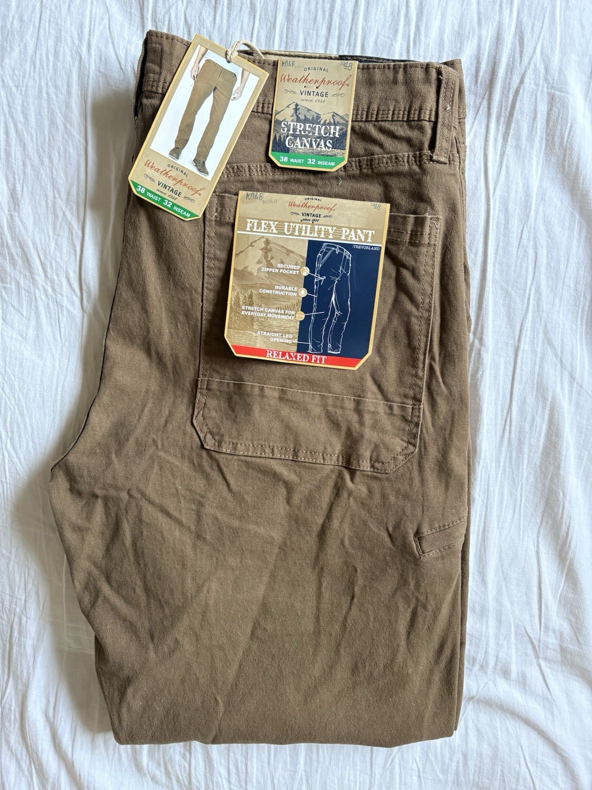 Weatherproof Vintage Brown Stretch Canvas Utility Pants Relaxed Fit 38