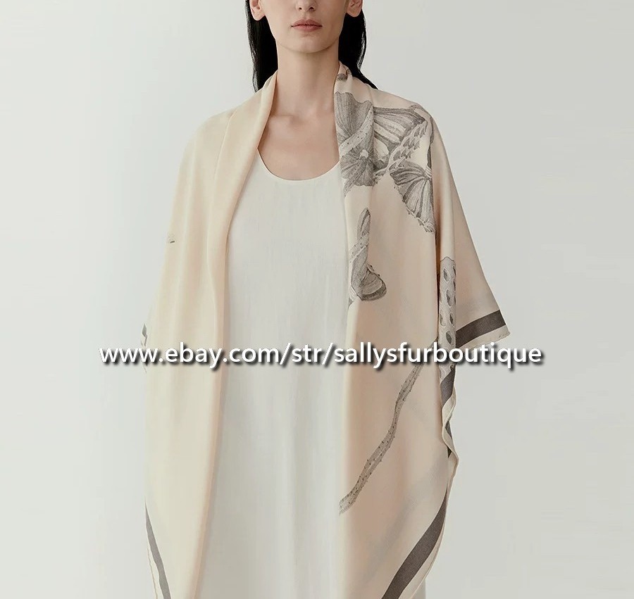 70% Cashmere 30% Silk Wrap Scarf Lotus Print Double Face Square Shawl 53″
