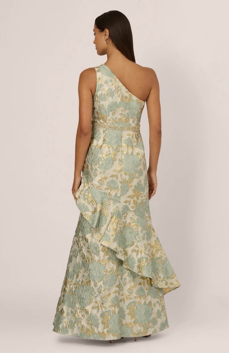 Adrianna Papell One Shoulder Beaded Metallic Jacquard Floral Long Gown Size 16
