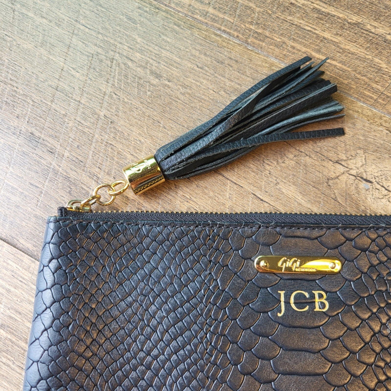 GiGi New York Black Python Embossed Leather Tassel Clutch Monogram JCB