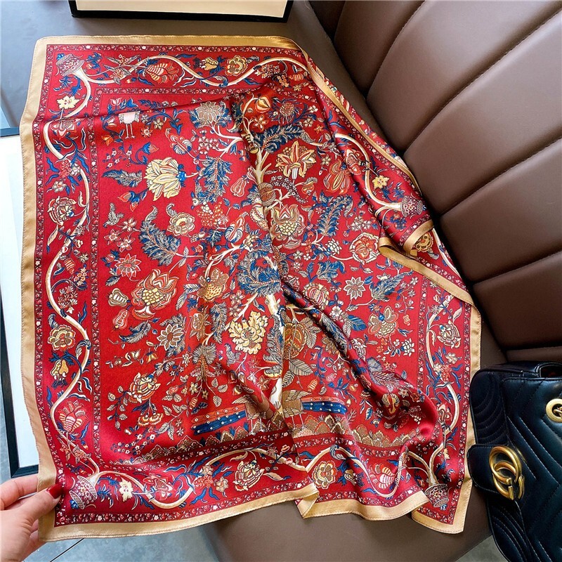 100% Mulberry Silk 27″ Square Scarf Women Neckerchief Wrap Vintage Red Flower