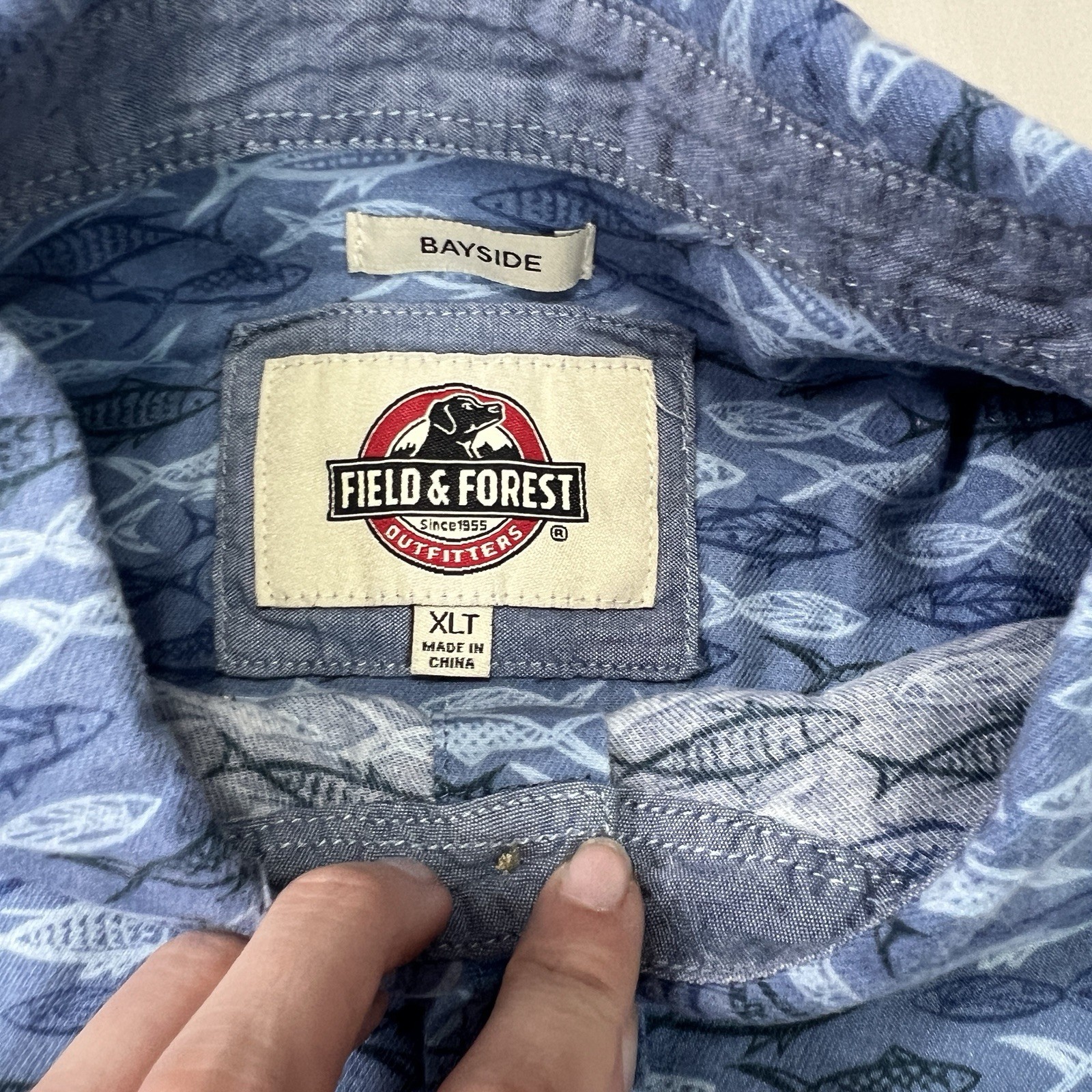 Field & Forest Shirt Mens XLT XL Tall Blue Bayside Fish Stretch Outdoor Fishing