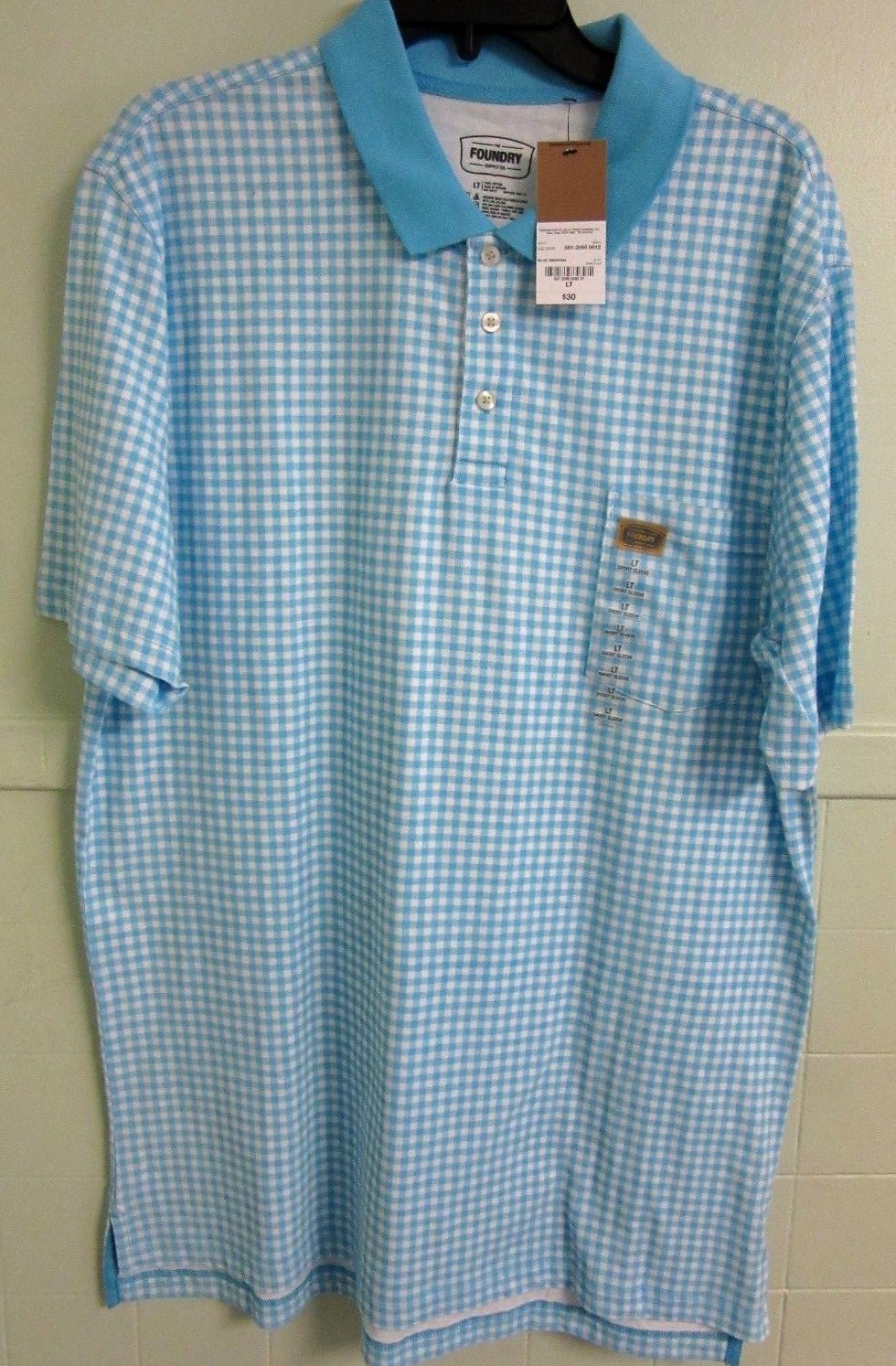 New at $30 Men’s Large Tall 33″ Long Blue/White Knit Shirt