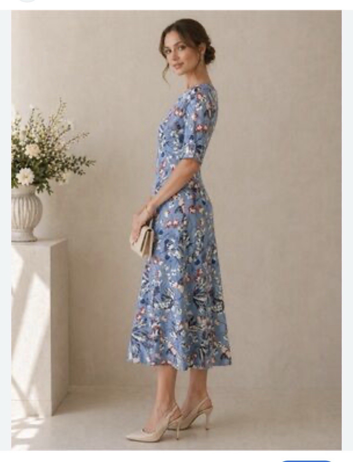 New Lauren Ralph Lauren dusty Steel Blue Boat Neckline Floral Dress Size M NWT