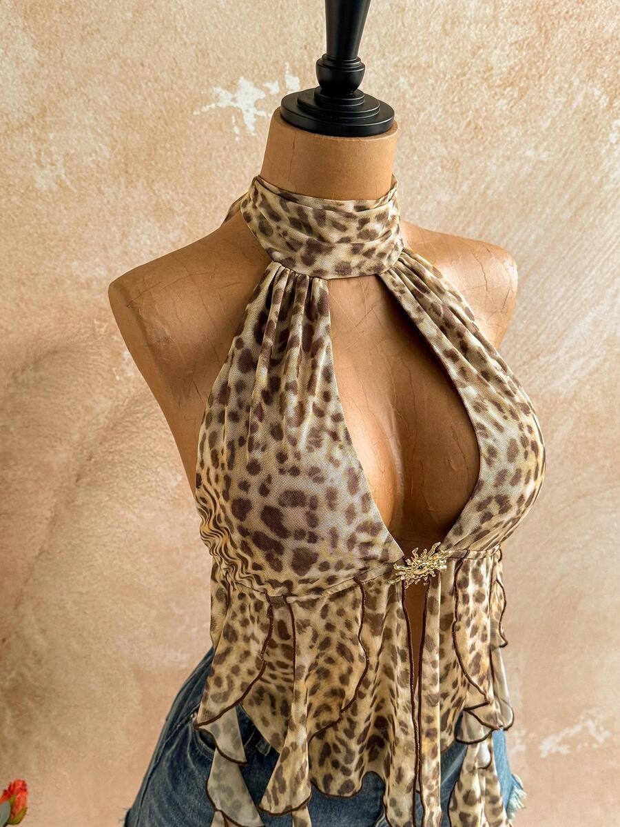 Leopard Print Halter Neck Top Backless Asymmetrical Boho Vacation Beach Blouse
