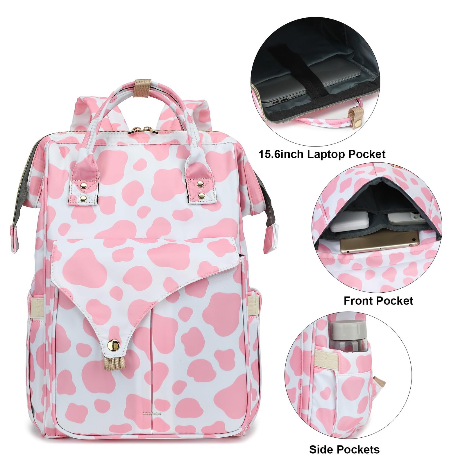 Pink Cow Print Large Travel College Laptop Backpack Bookbag Fits 15.6 Inch