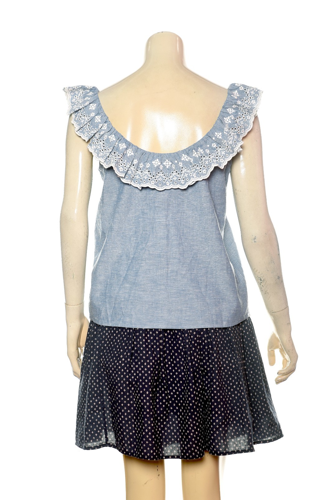 Sezane Rosa Top In Chambray S 36 Embroidered Ruffle Sleeveless Blouse NEW 46303