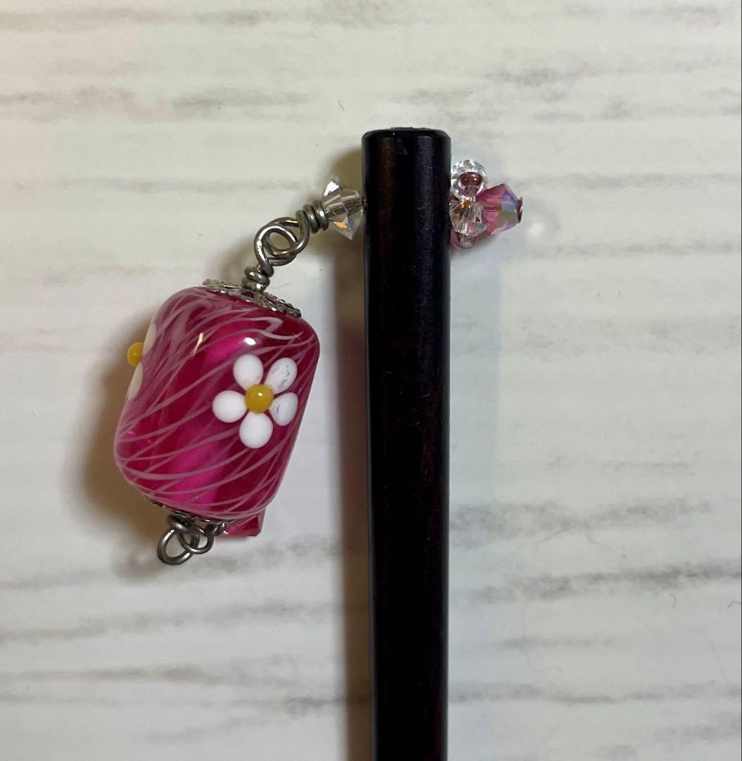 Wooden Hairpin with Pink Flower Tumble Bead, 14cm Japanese Accessory