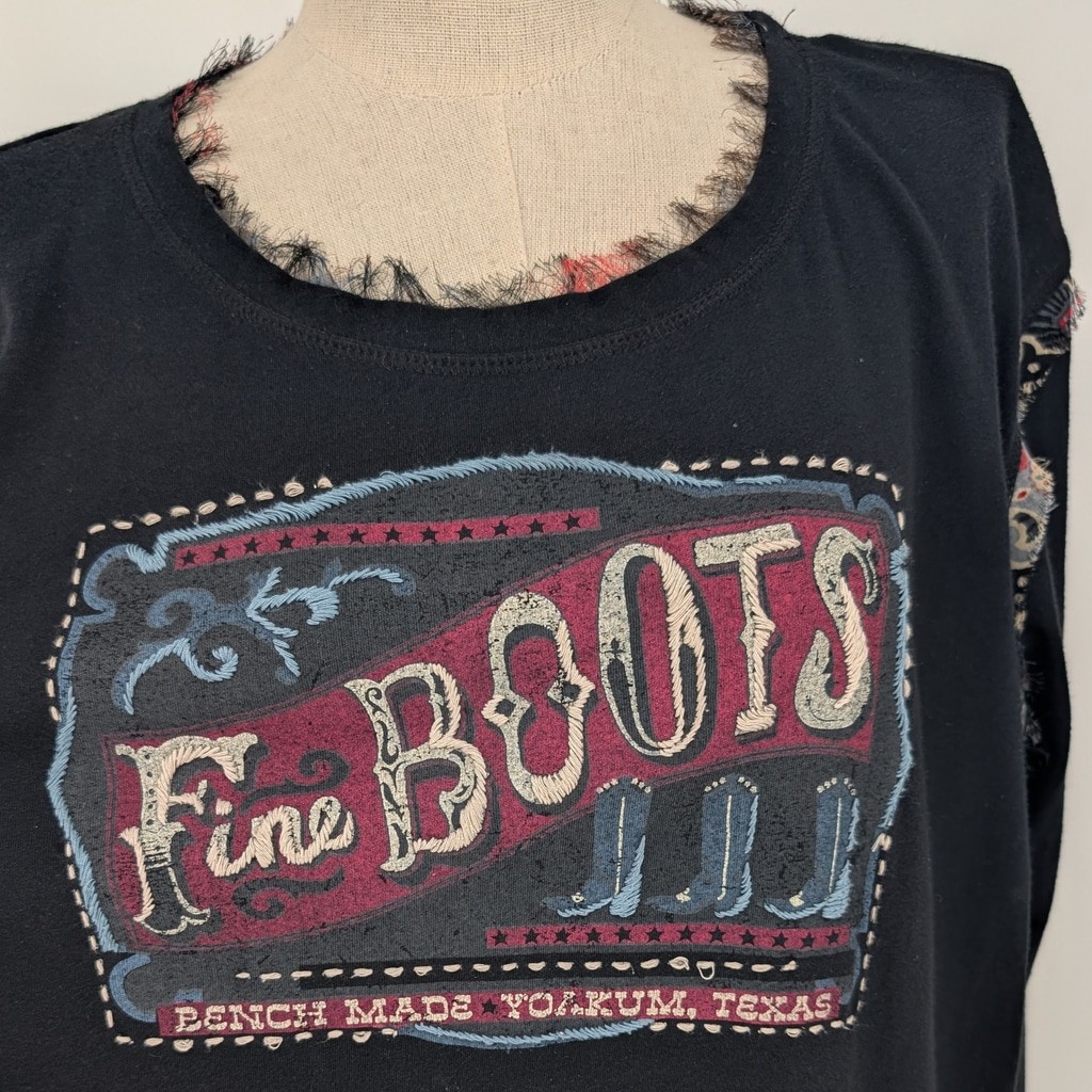 Double D Ranch Fine Boots Tunic L Embroidered Western Sheer Panel Black Top