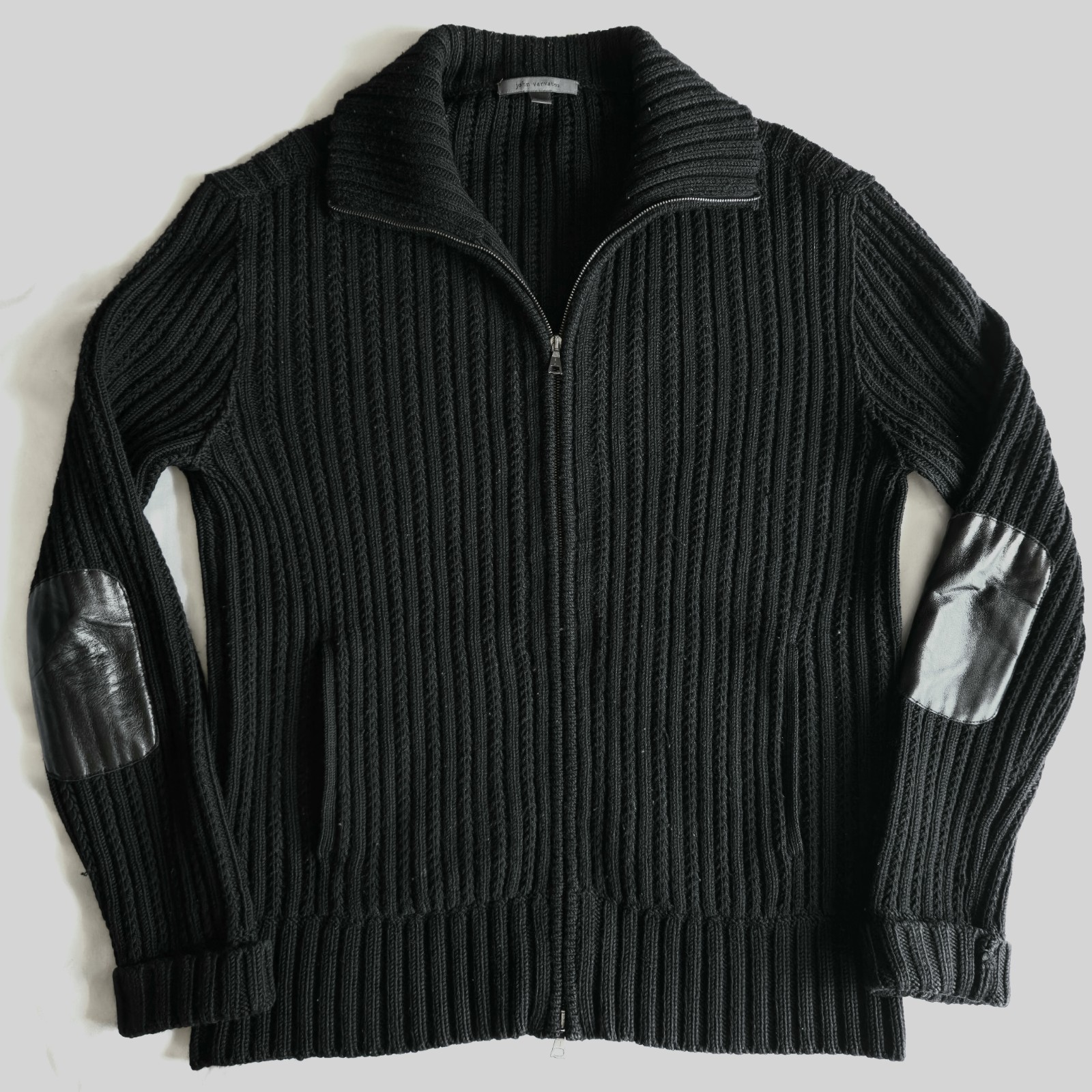 John Varvatos Mens L Black Merino Wool Lamb Leather Elbow Patches Zip-Up Sweater