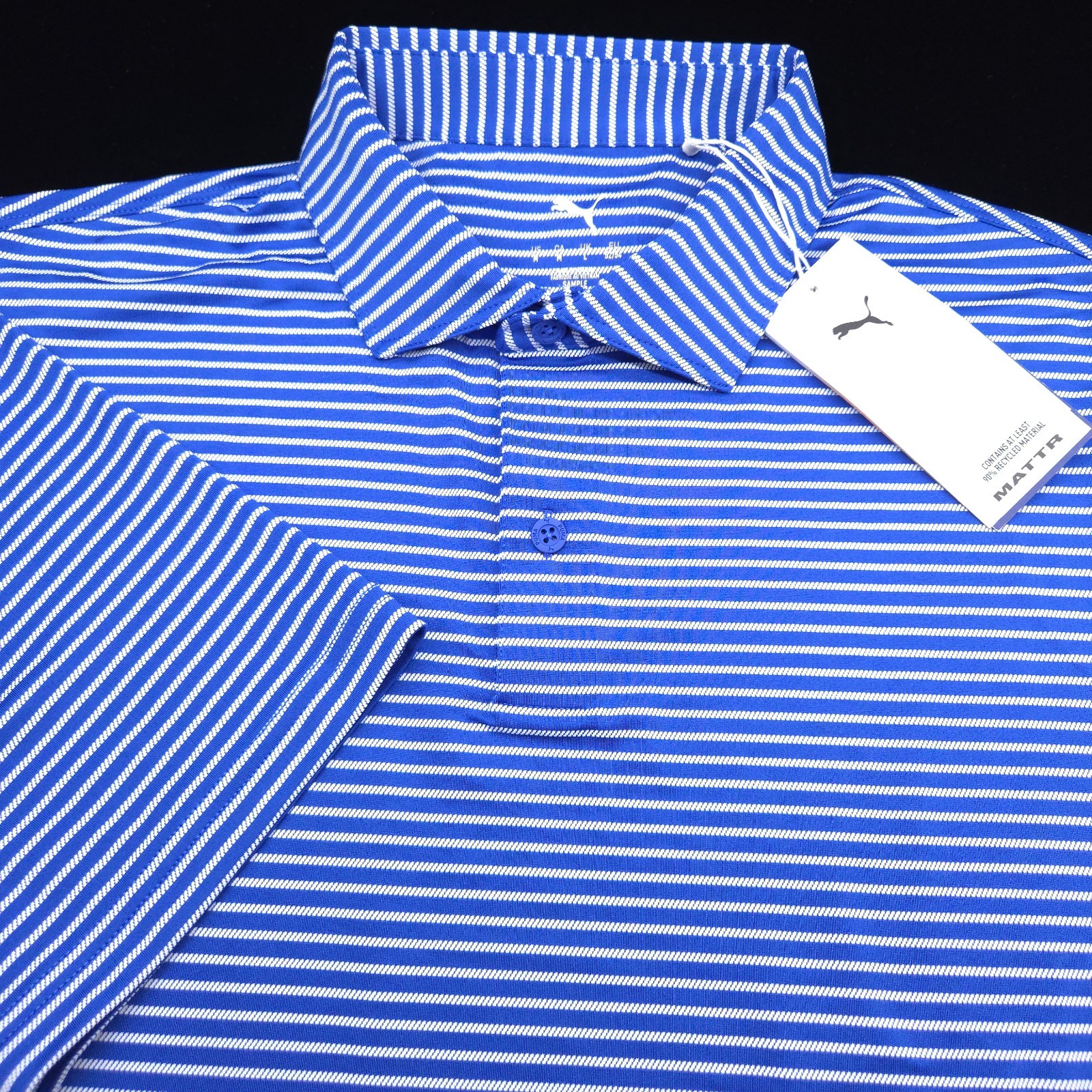 Puma Polo Golf Shirt Mens -M Blue White Performance Stripe Stretch Lisle Smooth