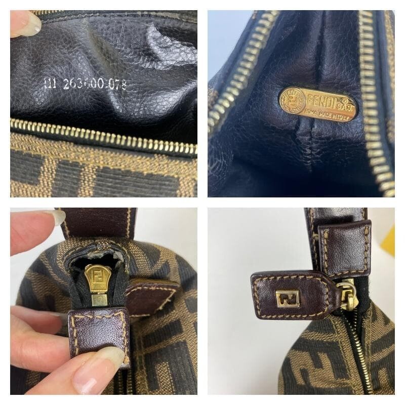 Fendi Zucca FF Logo Vanity Bag Canvas Leather Brown Gold Italy Top Handle Zip