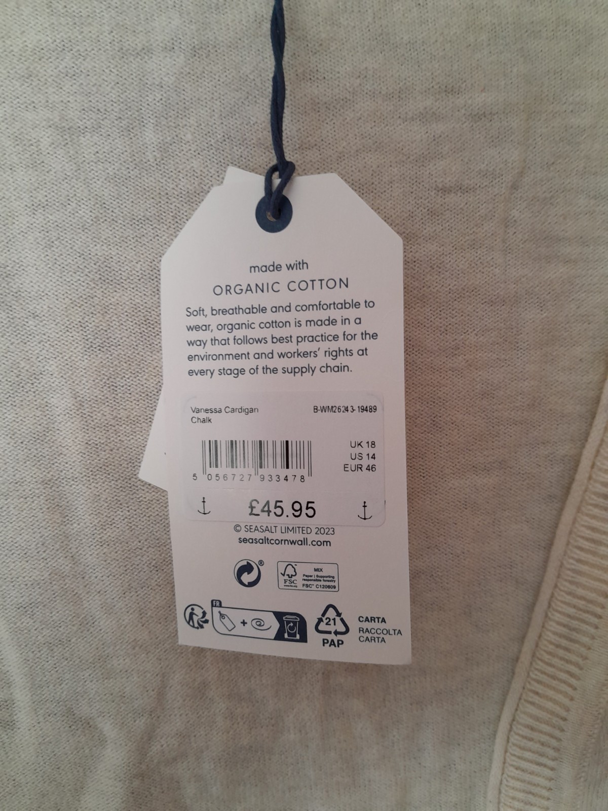 Seasalt Cornwall, Vanessa Cotton Cardigan Chalk, size 18