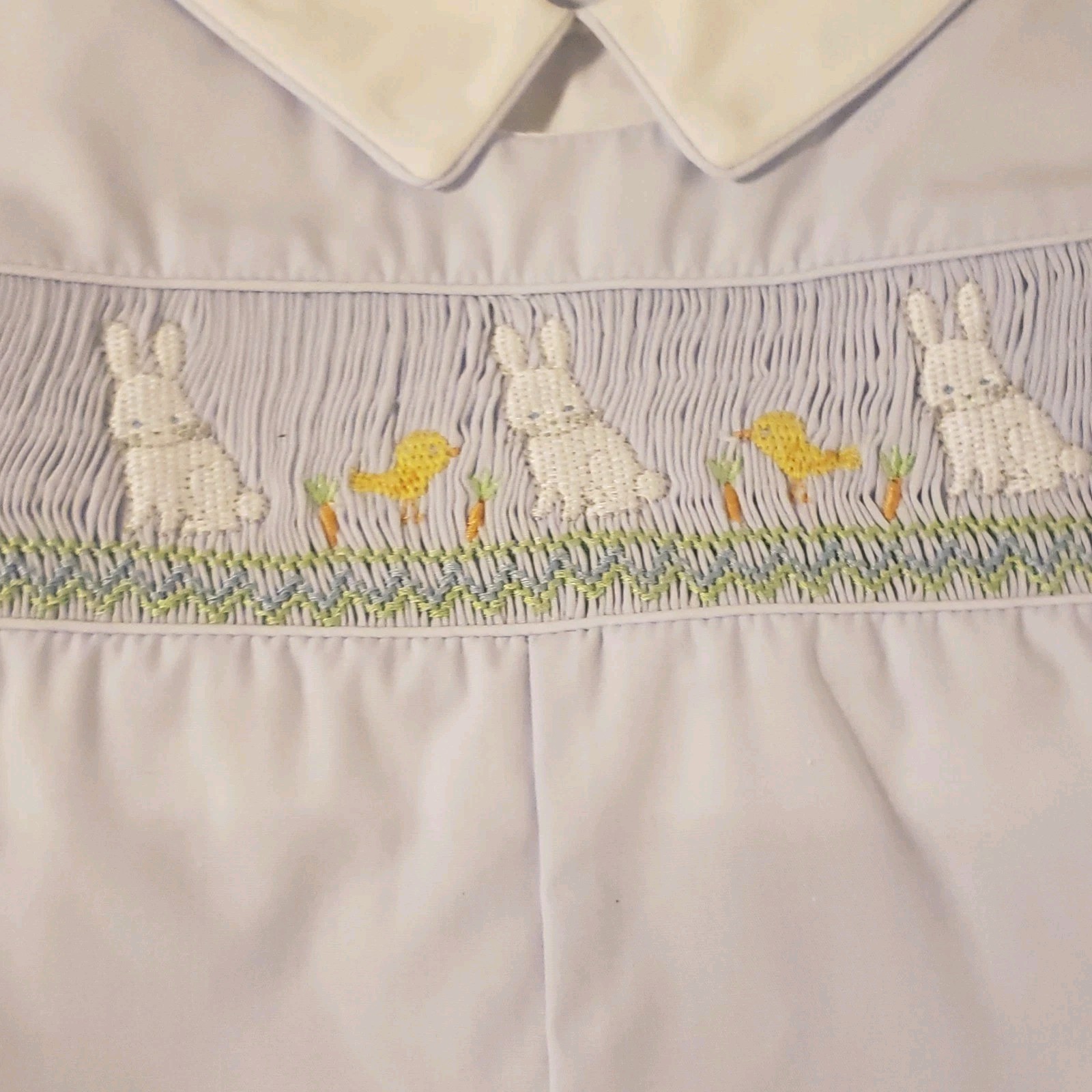 Petit Ami 9M SmockedRomper Embroidered Bunny Scene Easter Blue Preppy Classic