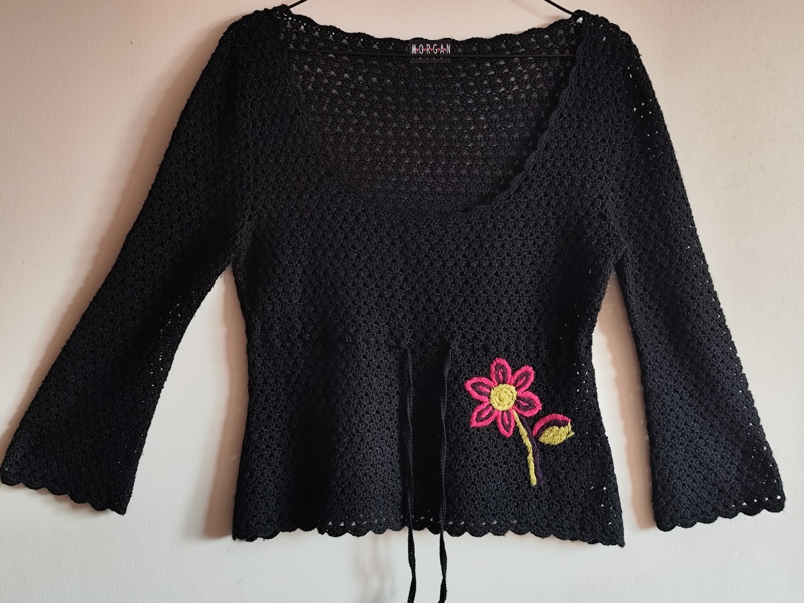 Morgan Tricot Coquette Crochet Y2K Top Vintage With Flower Black M