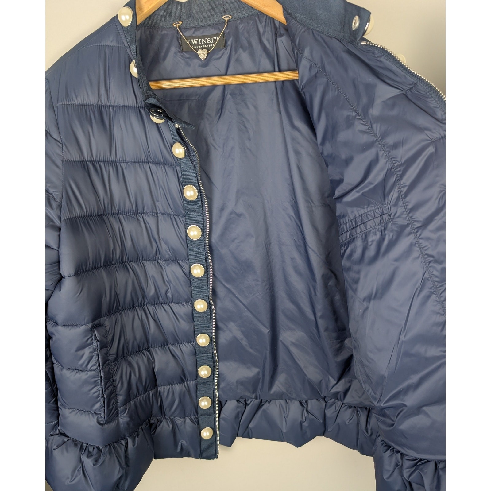 Twinset Simona Barbieri Pearled Trim Ruffle Quilted Puffer Jacket Navy 44 46 M L