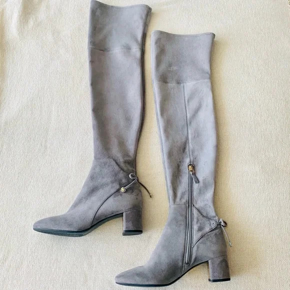 NWOT Tory Burch 5M Laila Carbon Grey Suede Over The Knee Block Heel Boots OTK