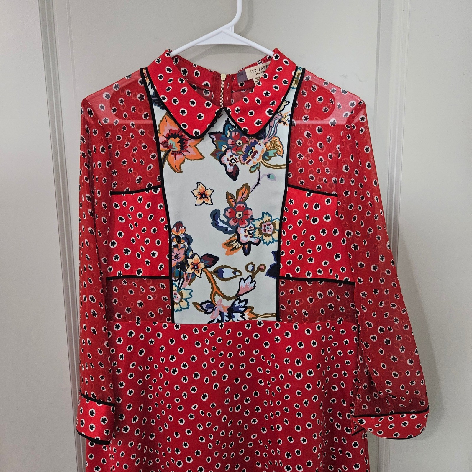 Ted Baker Valoria Red Mixed Print Floral Bib Mini Dress Long Sleeve Size 3 US 8