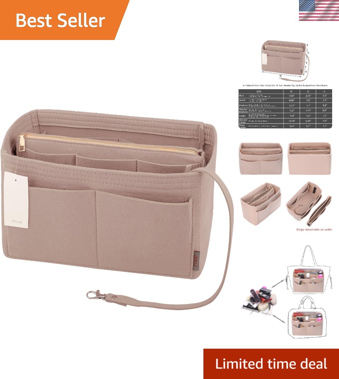 Luxury Handbag Organizer Insert – Lightweight Felt with 13 Pockets & Zipper