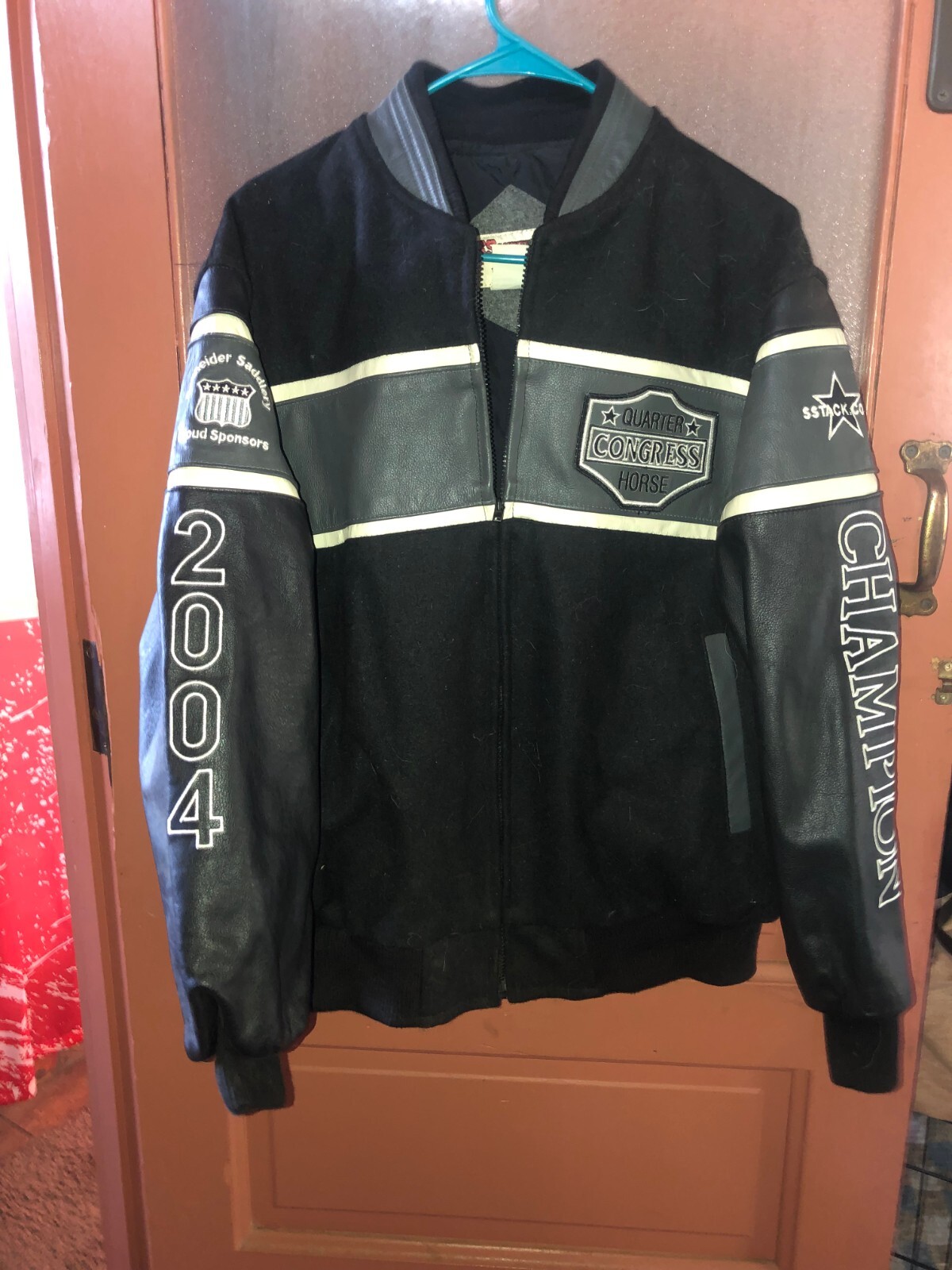 Vintage Quarter Horse Congress CHampion Winter coat jacket Large BLACK LEATHER