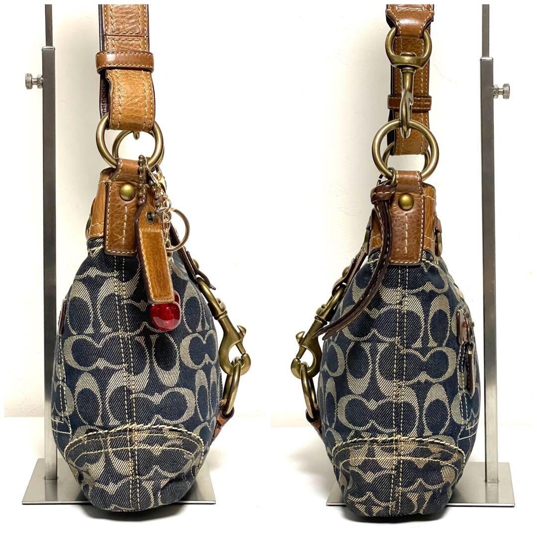 Coach Jackie 10405 Denim Canvas Shoulder Bag Blue Brown Gold Charm 8.7in