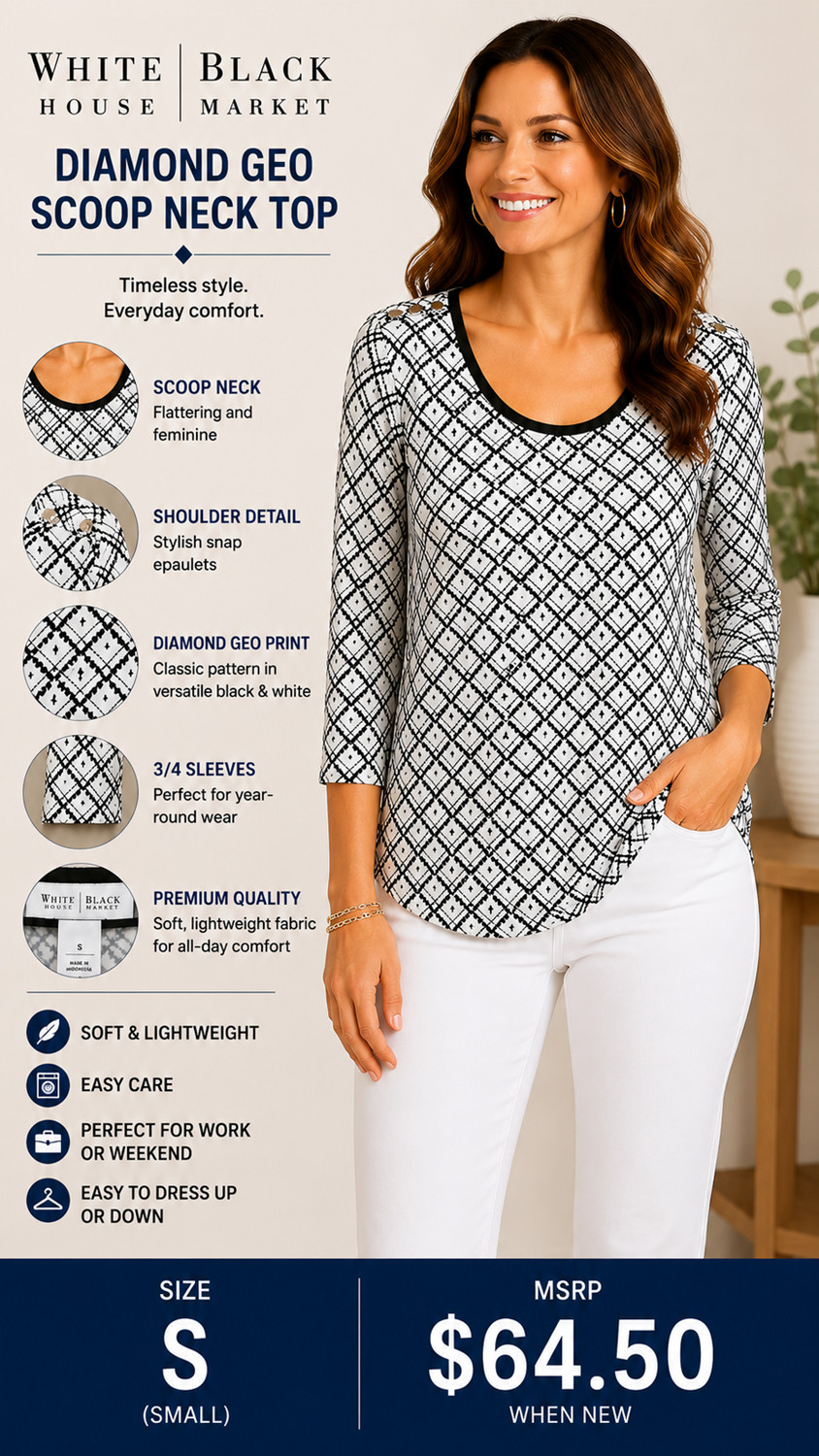 4-19 WHBM Size Small Black White Diamond Geo Print Scoop Neck Top Womens