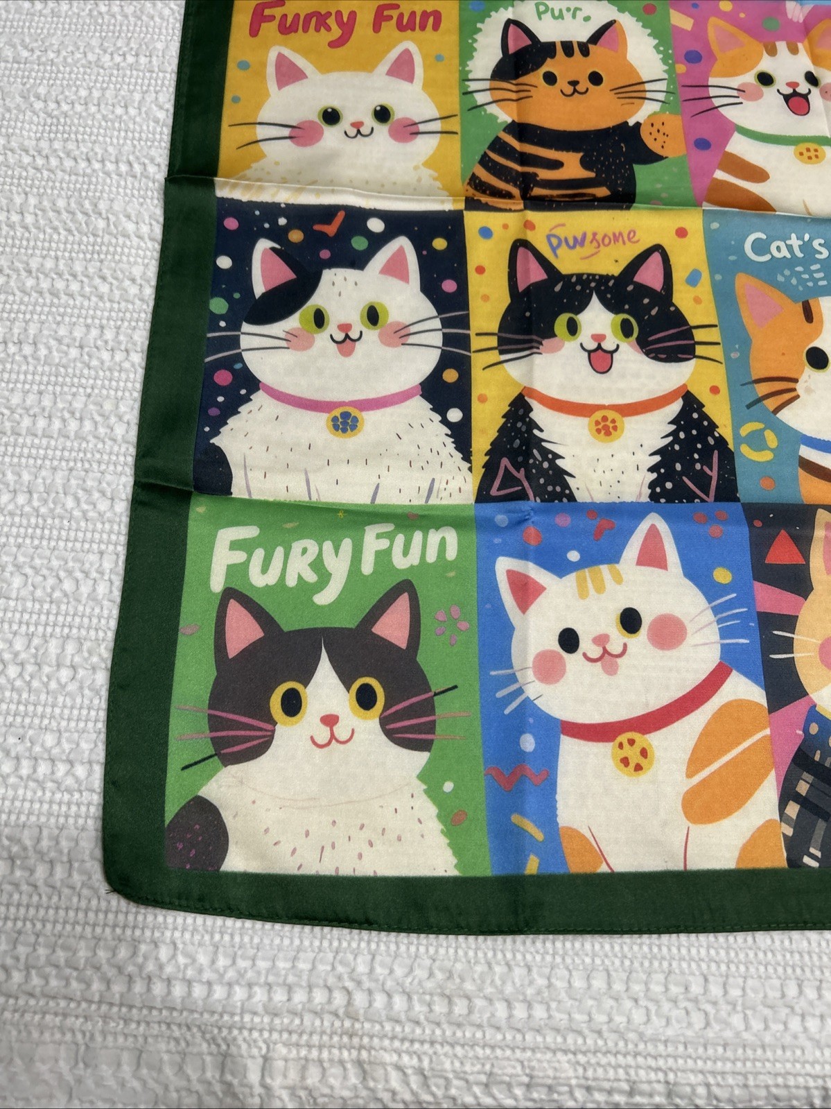 Colorful Cats Funky Fun 26” Square Scarf Floaty Green Border New Breeds Kitties