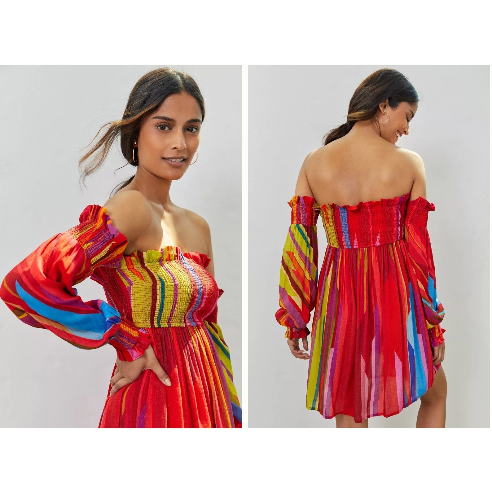 NWT Anthropologie Off-The-Shoulder Mini Dress Womens MP Red Multi Smocked Stripe