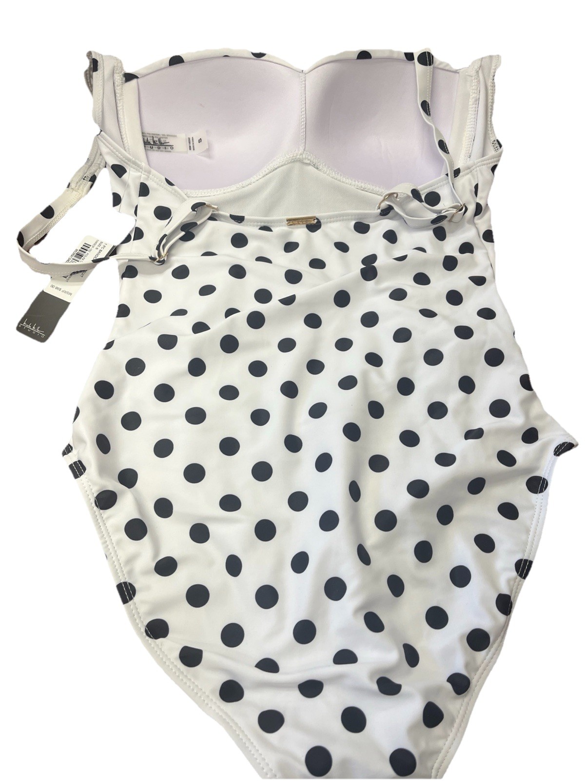 Bandeau Swimsuit 1 Piece White With Black Polkadots Size SM