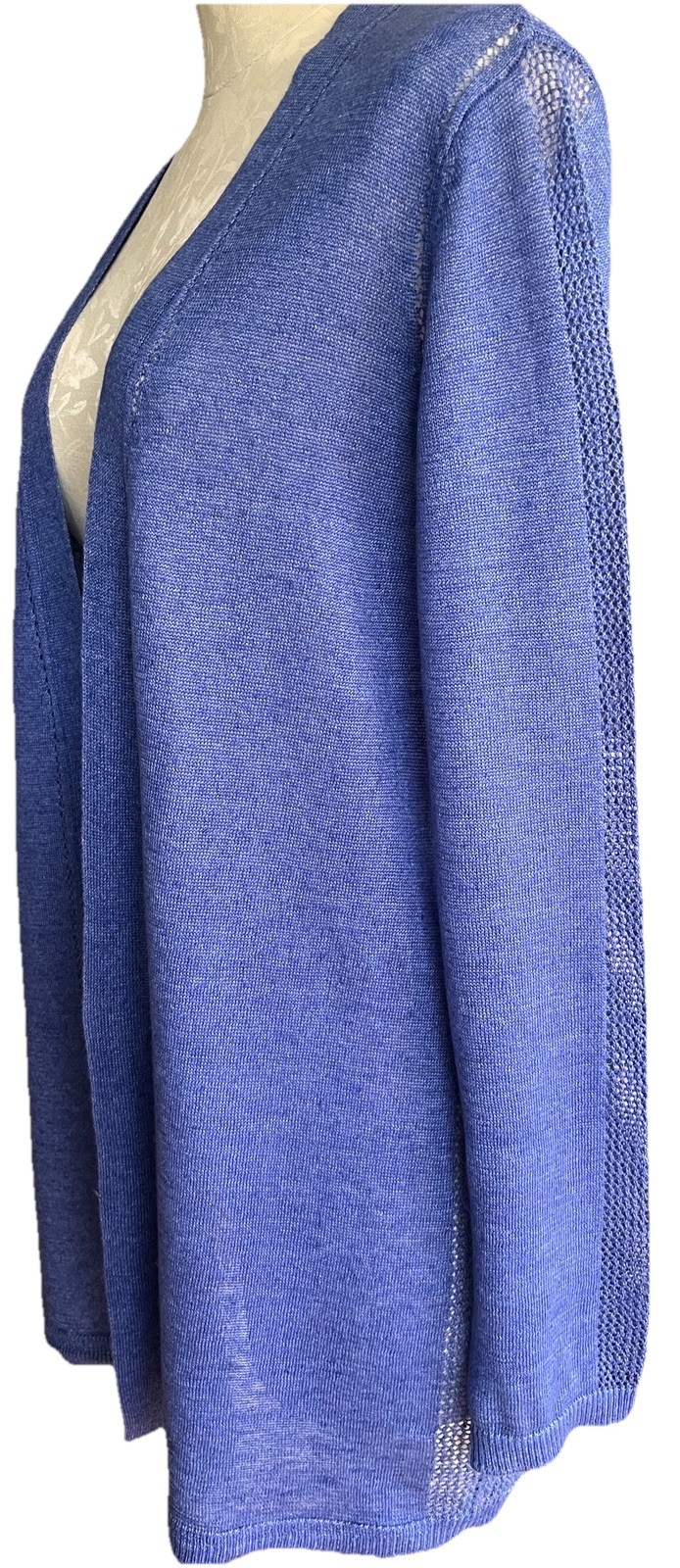 Talbots Women’s 100% Linen Cornflower Blue Open Front Cardigan Sweater Mp