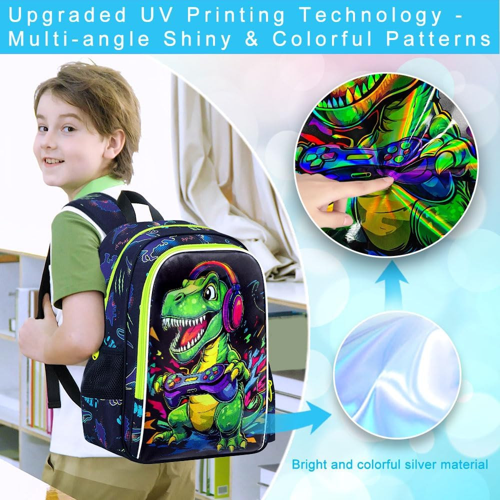 3PCS Boys Dinosaur Play Game Backpack Set, Water Resistant 16″ Kids Preschool Bo