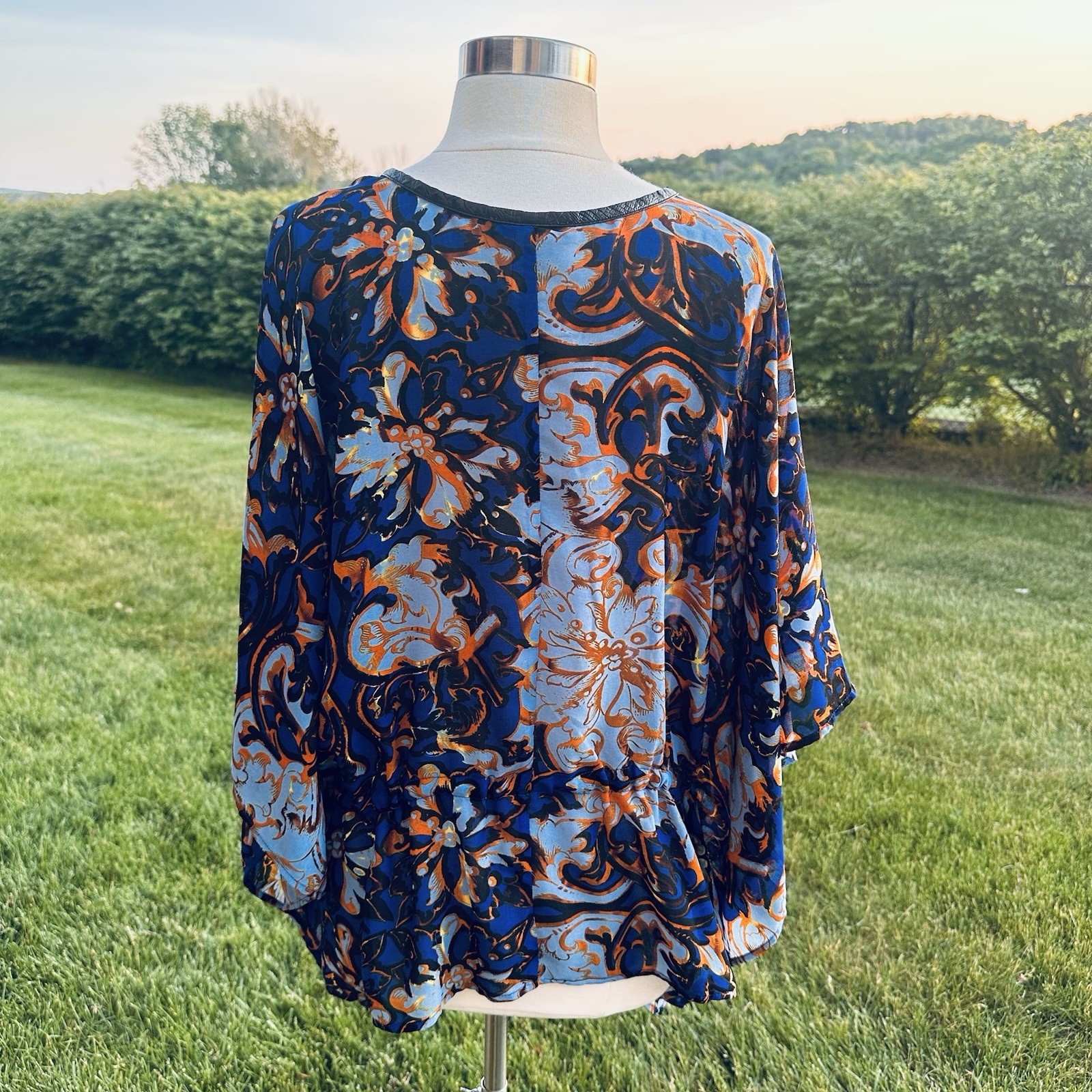 Y2K Alberto Makali Caftan Tunic Top L Oversized Boho Resort Blue Gold
