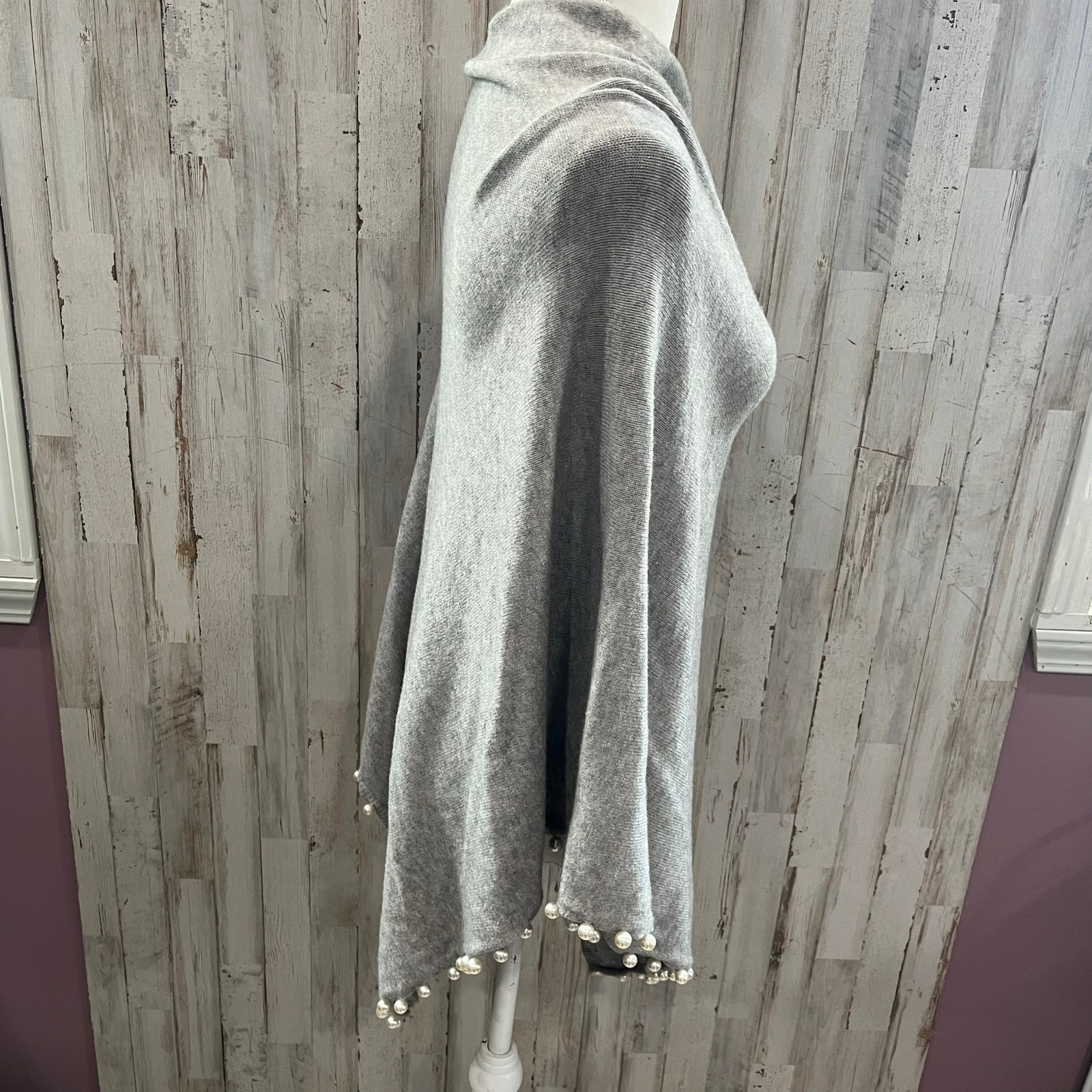 Bluoltre Gray Sweater Poncho Pearl Trim Womens One Size Soft Cozy