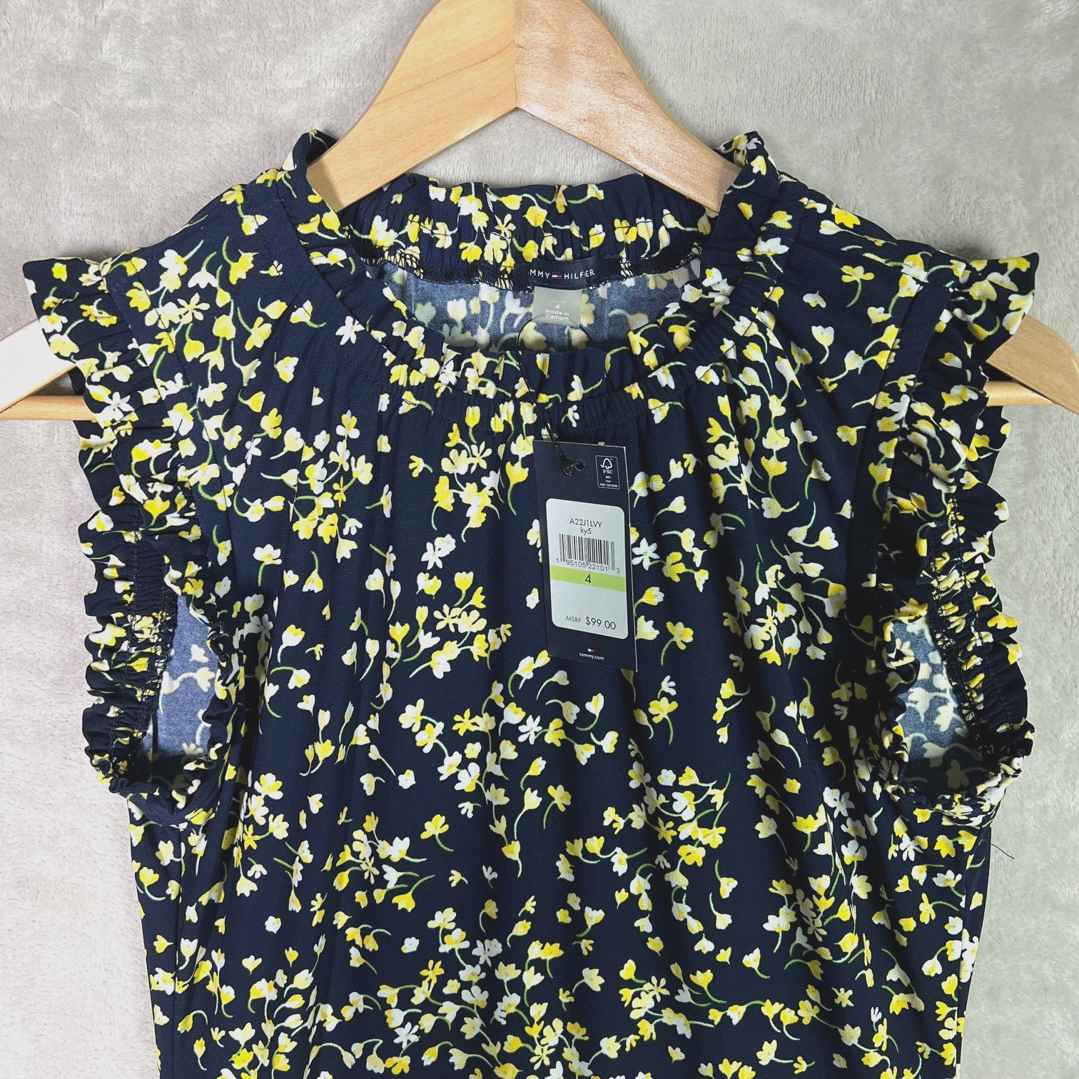 Tommy Hilfiger Shift Dress 4 Blue Yellow Floral Feminine Ruffle Neck Sundress