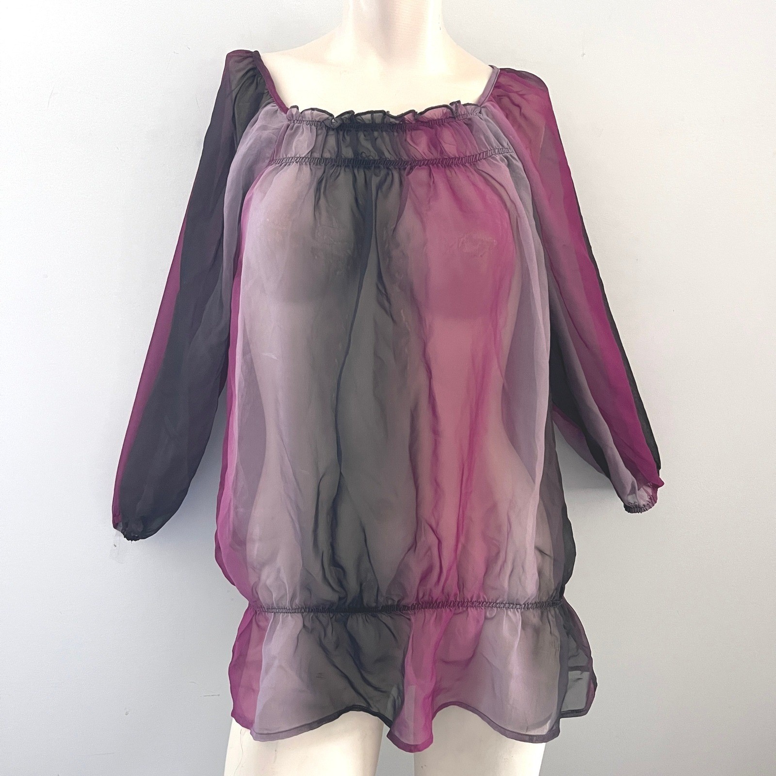 Unique Spectrum Sheer Ombre Blouse Pink Black Y2K Fairycore Long Sleeve X Boho
