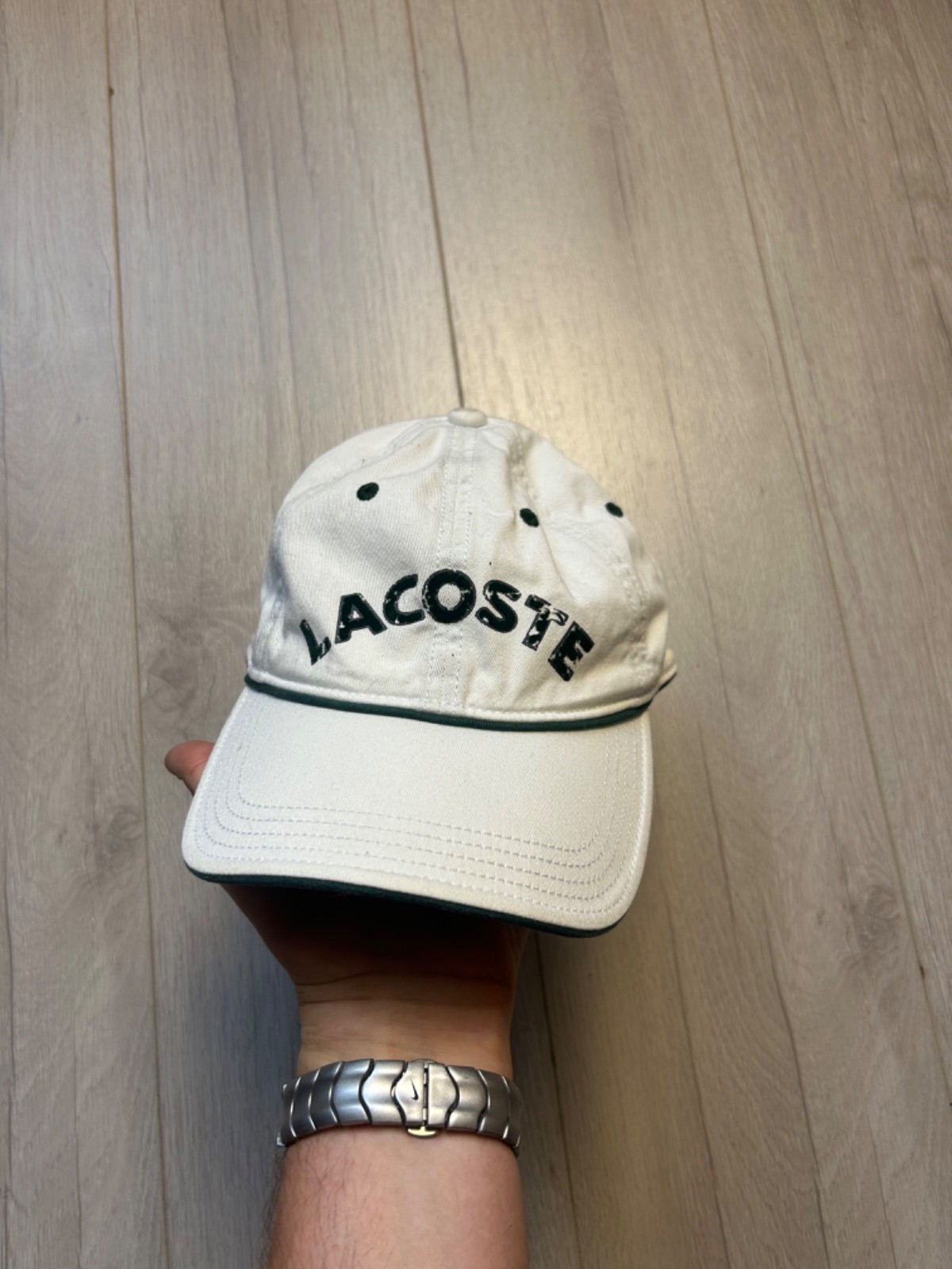 Vintage Lacoste Baseball Cap Hat White Green Spellout Embroidered Logo Strapback