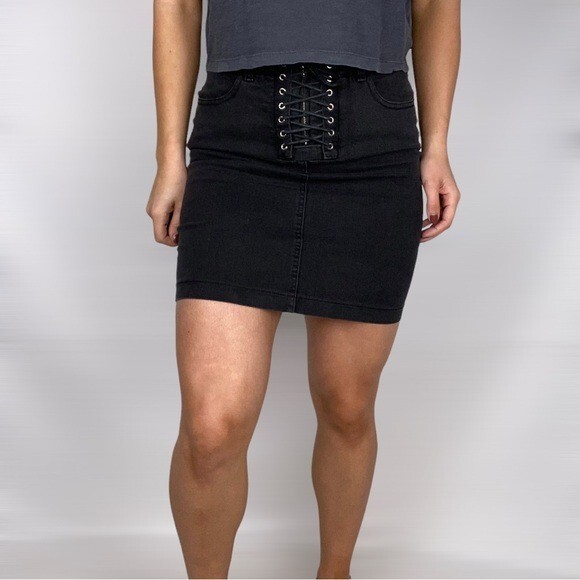 BEC + BRIDGE Lace Up Black Fitted Mini Skirt
