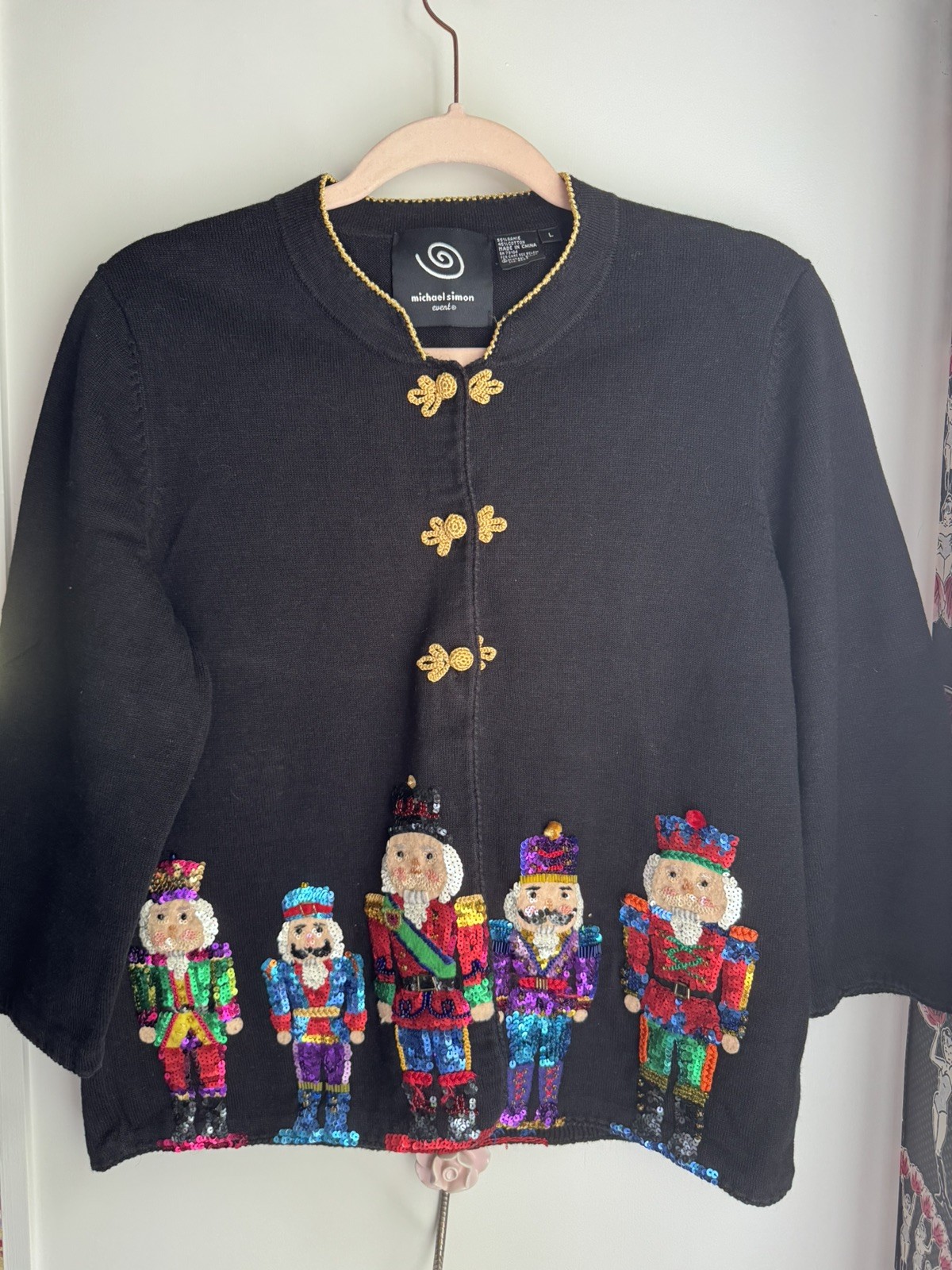 2003 Michael Simon Event Nutcracker Christmas Cardigan Sweater, Sz L, READ
