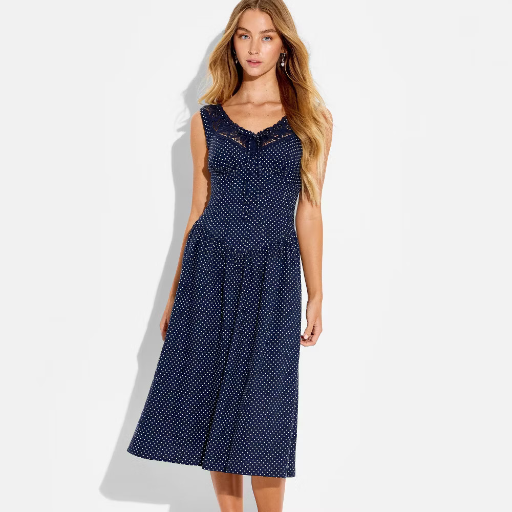 Women Button-Front Lace Midi Dress – Wild Fable Navy Blue Polka Dots