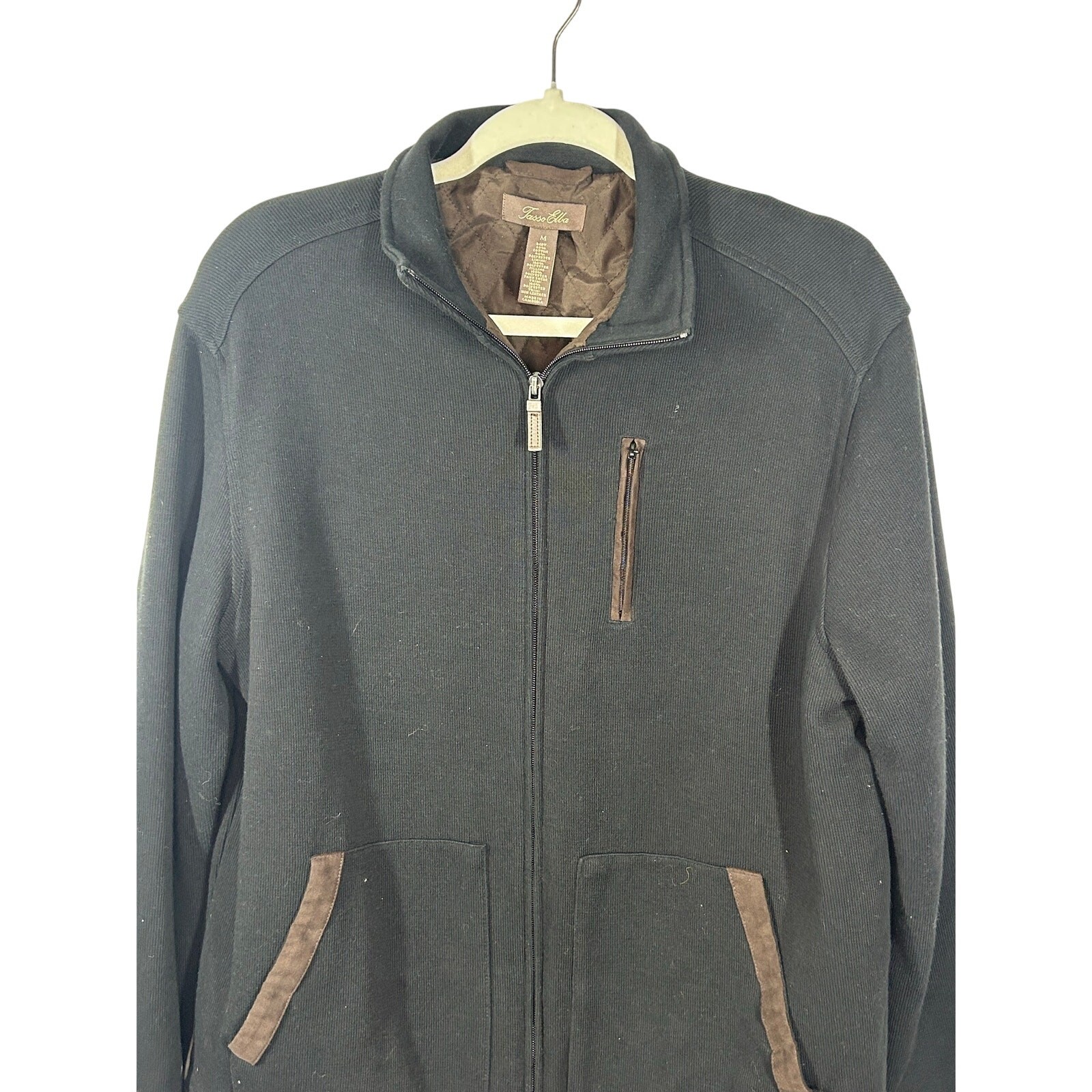 Tasso Elba Men’s Knit Zip Jacket Medium Black Brown Faux Suede Trim Sweater
