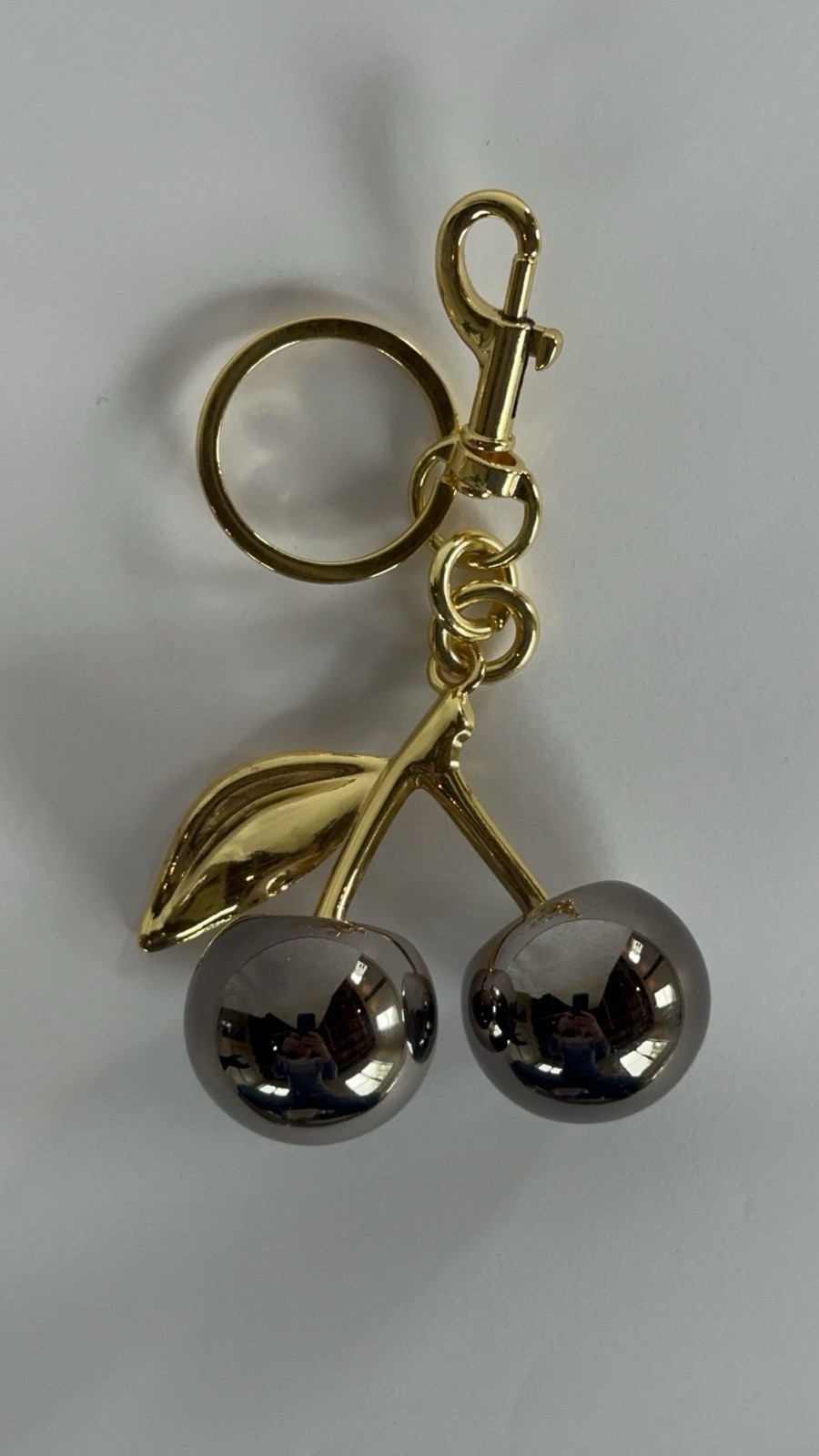 Mirrored Gunmetal Gray Cherry Bag Charm | GOLD Keychain+Premium Velvet Dust Bag