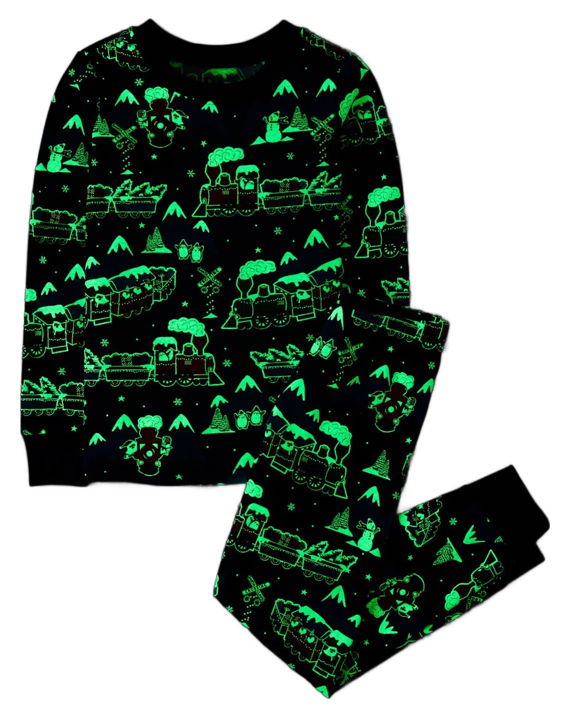 Boy’s Train and Christmas Print Glow-in-the-Dark Holiday Cotton Pajama Set
