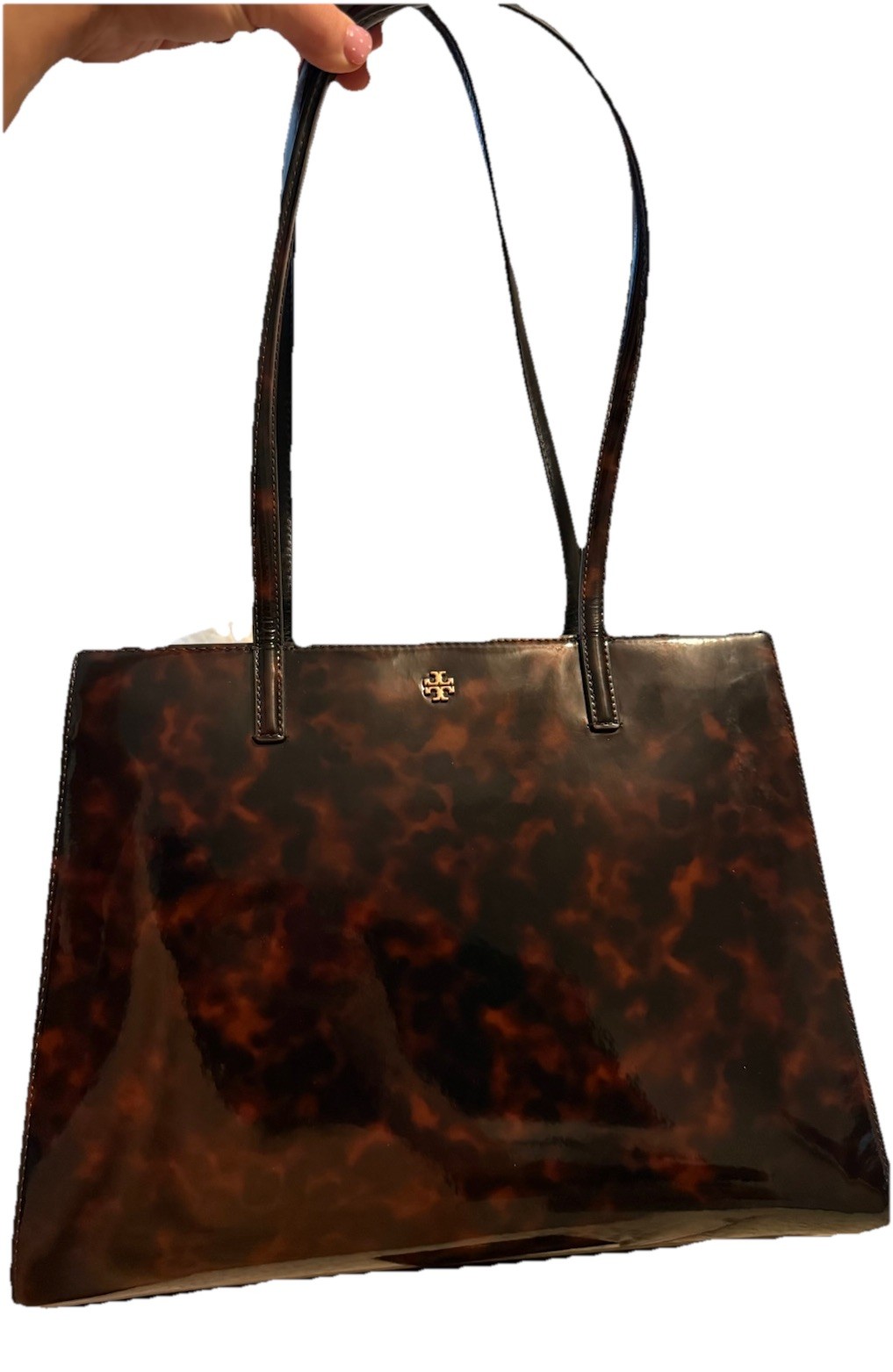 Tory Burch Tortoise Shell Tote Bag Brown/Black Zip Top Gold Hardware Lined