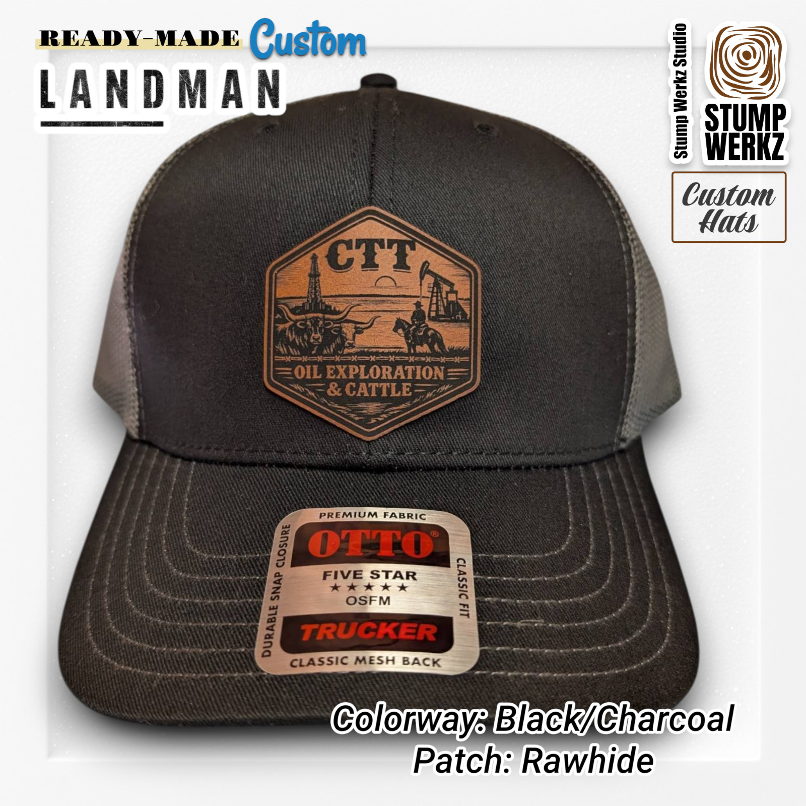 Custom Hat Trucker Baseball Cap Leather Patch CTT Oil Exploration & Cattle Texas