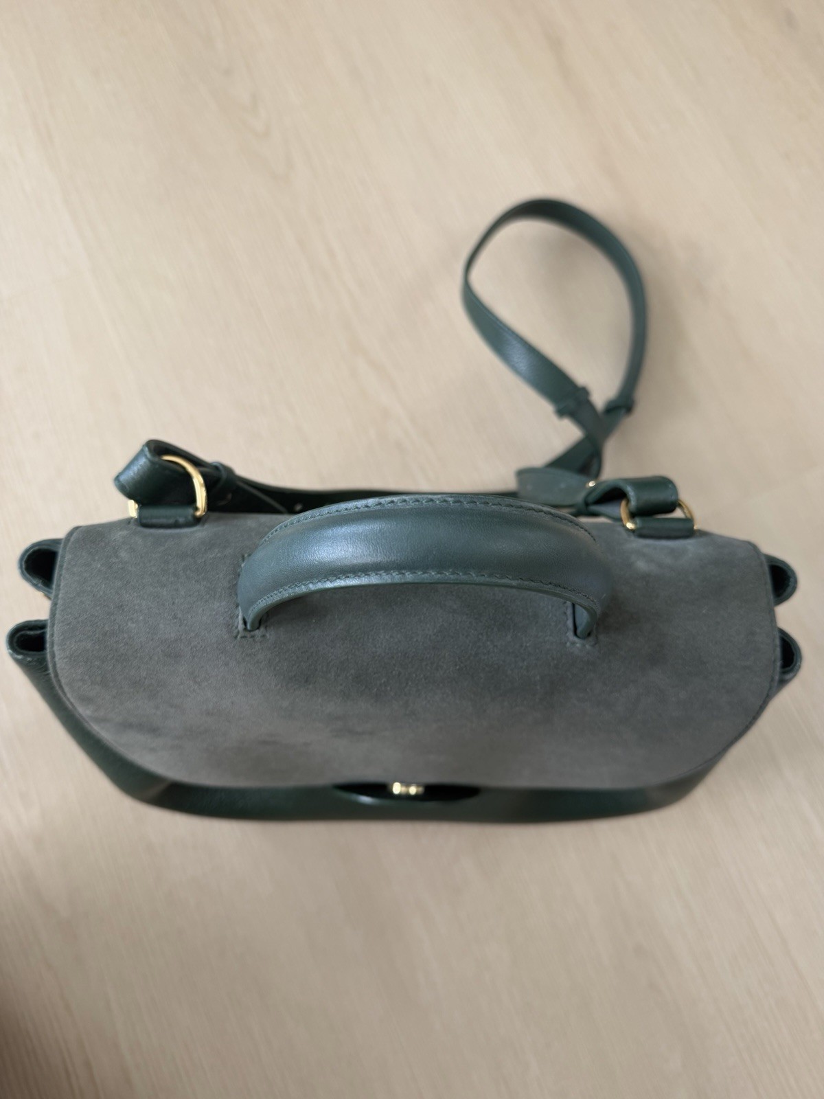Polene Numéro Un Leather Suede Trim Handle Bag Forest Green
