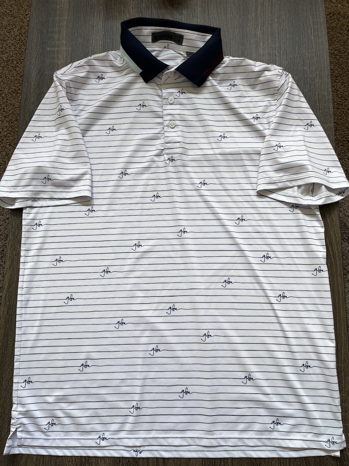 G/Fore G4 Golf Shirt Polo Striped Signature Print M White Polyester MSRP $120