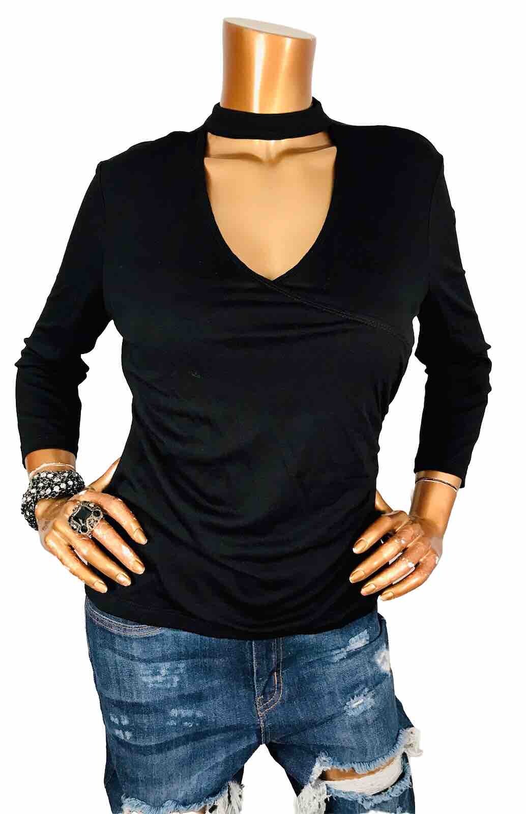 B Wear L Top Crossbody Black Low V Cut Crossbody Blouse 3/4 Sleeves Soft Sexy