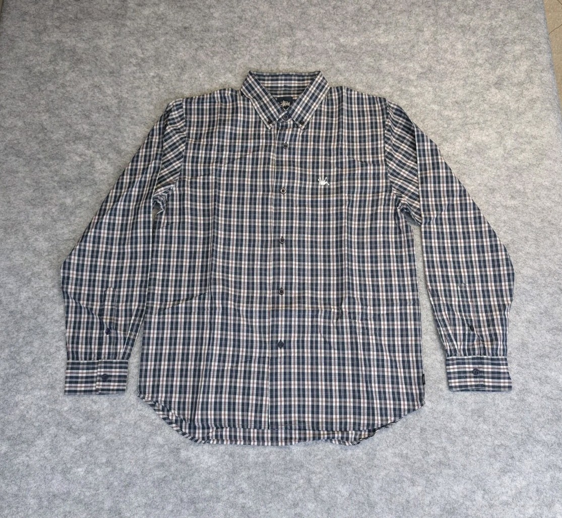 Stussy Shirt Mens Medium Navy Plaid Long Sleeve Button Down Read